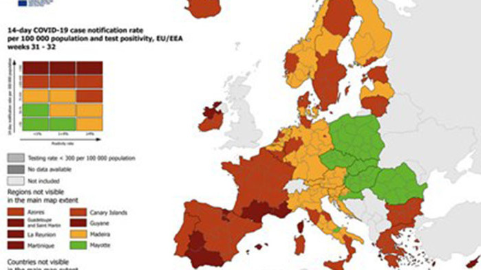 България в червено на европейската карта за риск от COVID-19