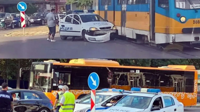 Трамвай отнесе полицейска кола в София. Няма пострадали