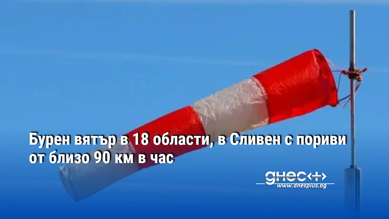 Бурен вятър в 18 области, в Сливен с пориви от близо 90 км в час