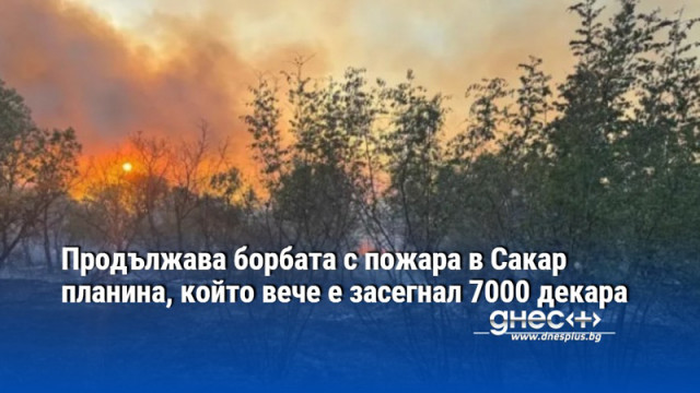 Продължава борбата с пожара в Сакар планина, който вече е засегнал 7000 декара