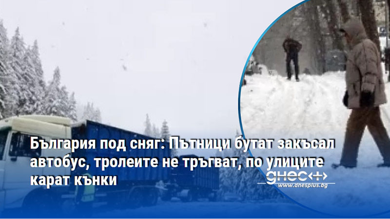 България под сняг: Пътници бутат закъсал автобус, тролеите не тръгват, по улиците карат кънки