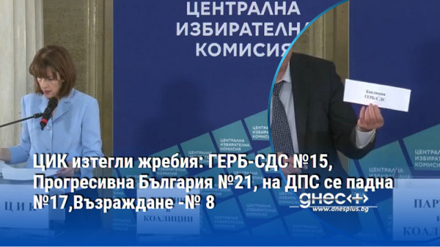 ЦИК изтегли жребия: ГЕРБ-СДС №15, Прогресивна България №21, на ДПС се падна №17,Възраждане -№ 8