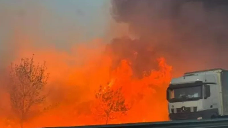 Огромен пожар край АМ "Тракия", магистралата е задимена