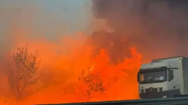 Огромен пожар край АМ "Тракия", магистралата е задимена