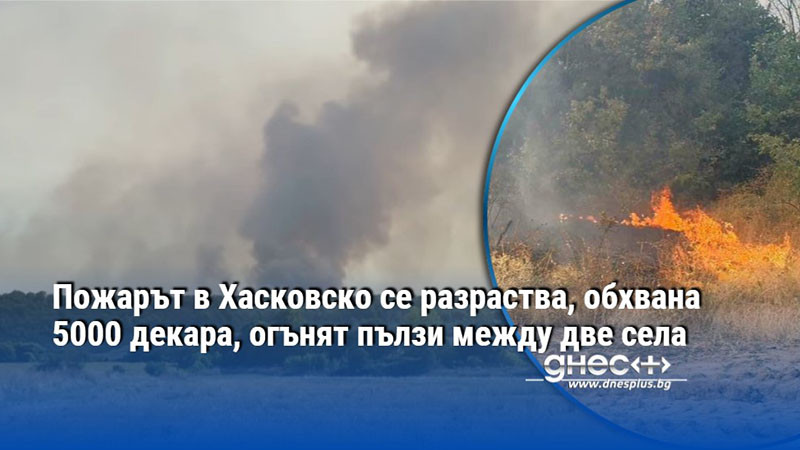 Пожарът в Хасковско се разраства, обхвана 5000 декара, огънят пълзи между две села