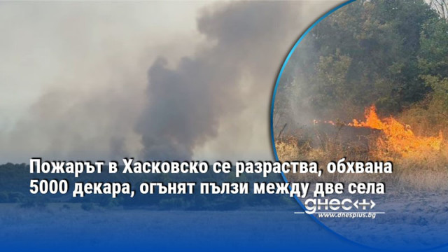 Пожарът в Хасковско се разраства, обхвана 5000 декара, огънят пълзи между две села