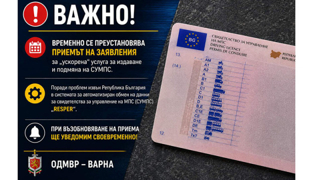 Временно не приемат заявления за „ускорена“ услуга за издаване и подмяна на СУМПС