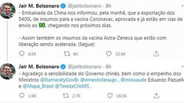 Бразилският президент благодари на Китай за активните вещества за производството на ваксини