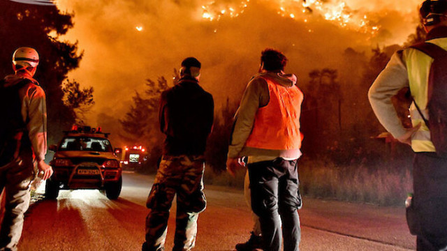 Стотици гръцки пожарникари се бориха за овладяване на голям горски